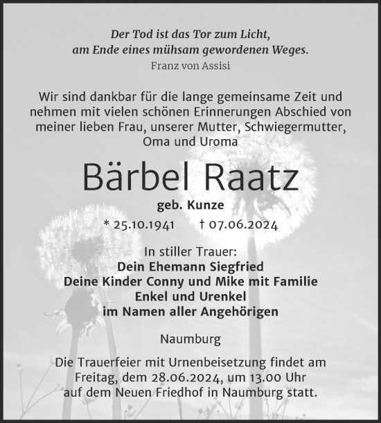Traueranzeige von Bärbel Raatz von Naumburger Tageblatt