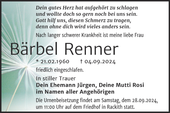 Traueranzeige von Bärbel Renner von Trauerkombi Wittenberg