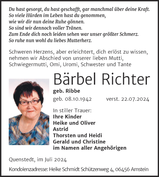 Traueranzeige von Bärbel Richter von Trauerkombi Mansfelder Land