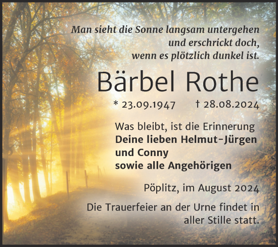 Traueranzeige von Bärbel Rothe von Trauerkombi Wittenberg