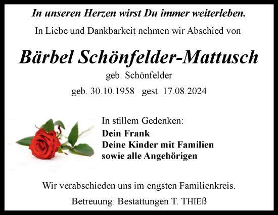 Traueranzeige von Bärbel Schönfelder-Mattusch von Volksstimme Wernigerode