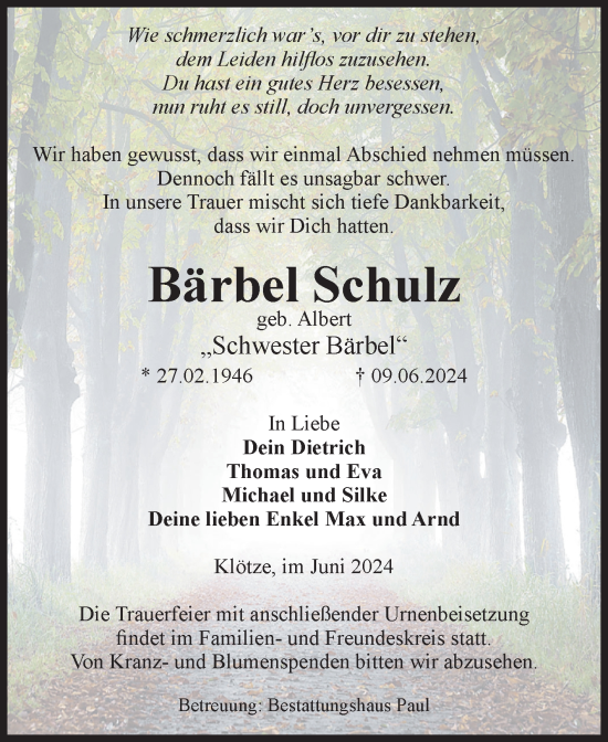 Traueranzeige von Bärbel Schulz von Volksstimme Altmark West