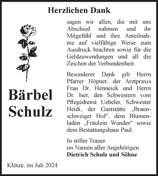Traueranzeige von Bärbel Schulz von Volksstimme Altmark West
