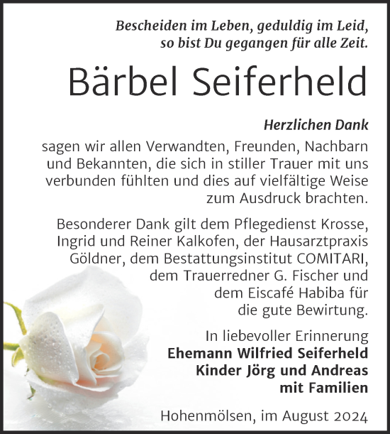Traueranzeige von Bärbel Seiferheld von Trauerkombi Weißenfels