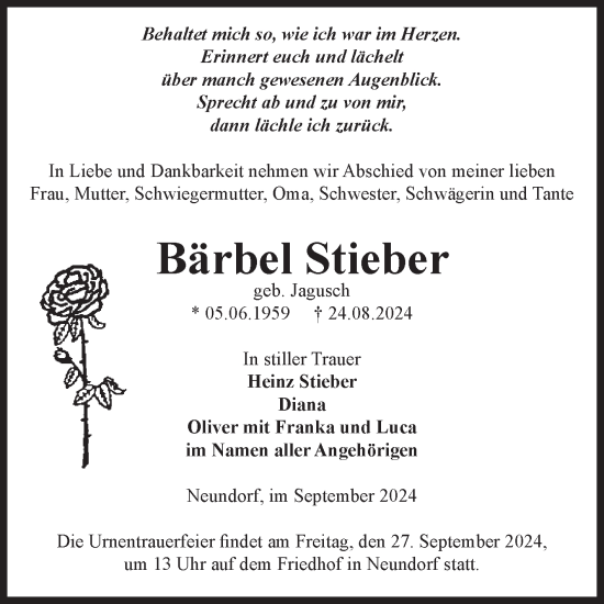 Traueranzeige von Bärbel Stieber von Volksstimme Staßfurt