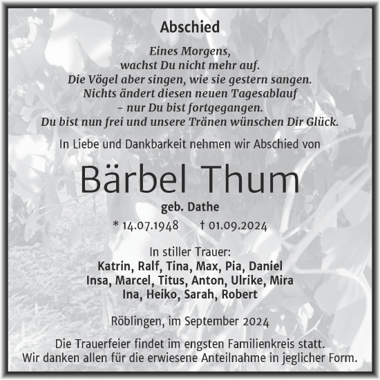 Traueranzeige von Bärbel Thum von Trauerkombi Mansfelder Land