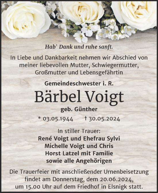 Traueranzeige von Bärbel Voigt von Trauerkombi Köthen