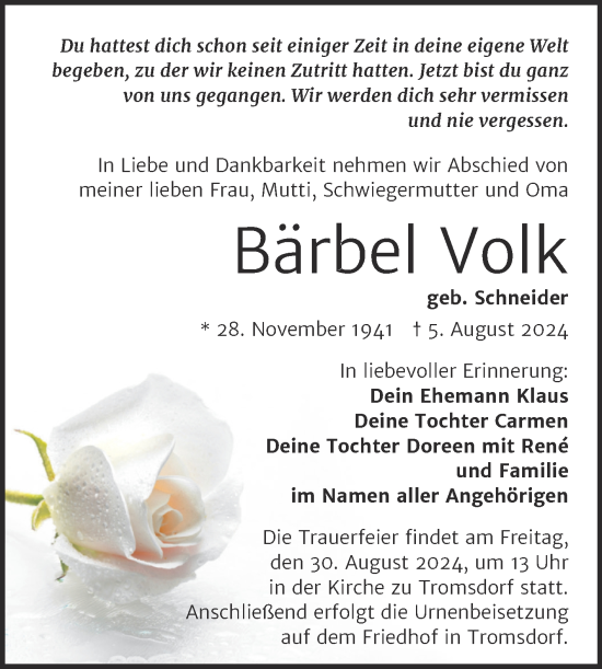 Traueranzeige von Bärbel Volk von Naumburger Tageblatt
