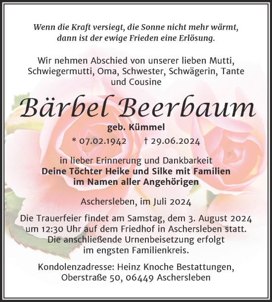 Traueranzeige von Bärbelq Beerbaum von Trauerkombi Aschersleben
