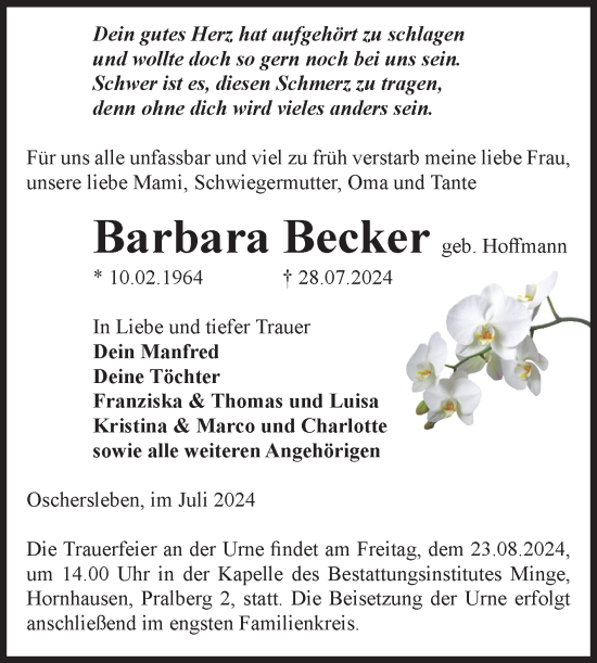 Traueranzeige von Barbara Becker von Volksstimme Oschersleben/Wanzleben