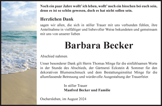 Traueranzeige von Barbara Becker von Volksstimme Oschersleben/Wanzleben