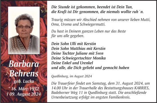 Traueranzeige von Barbara Behrens von Trauerkombi Quedlinburg