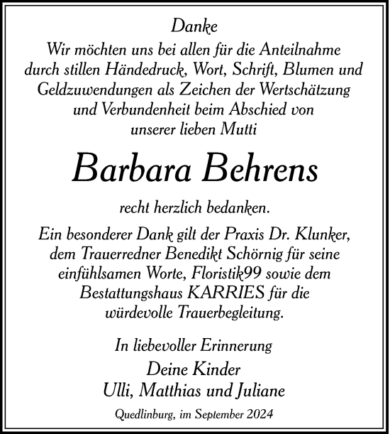 Traueranzeige von Barbara Behrens von Trauerkombi Quedlinburg