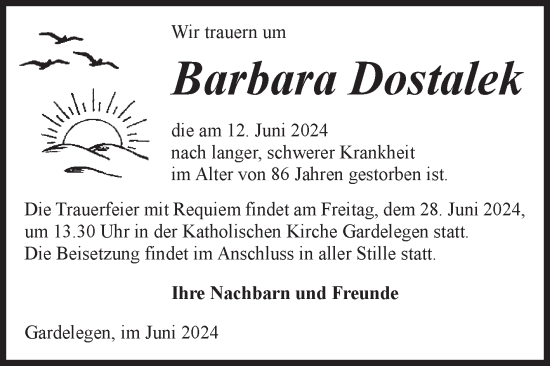 Traueranzeige von Barbara Dostalek von Volksstimme Altmark West