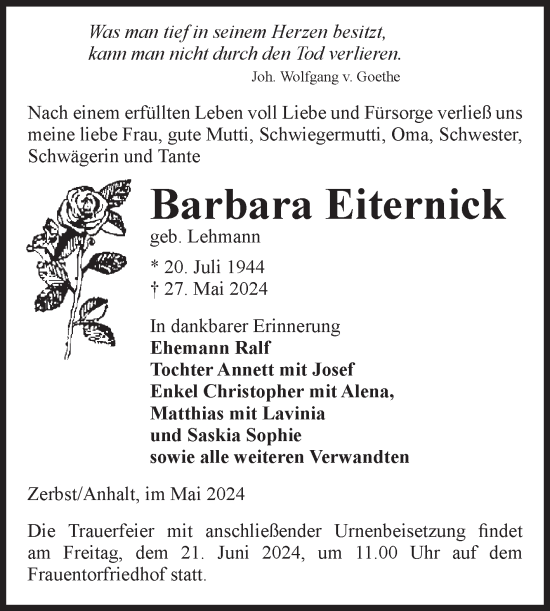 Traueranzeige von Barbara Eiternick von Volksstimme Zerbst