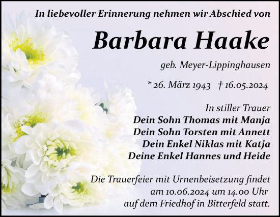 Traueranzeige von Barbara Haake von Trauerkombi Bitterfeld