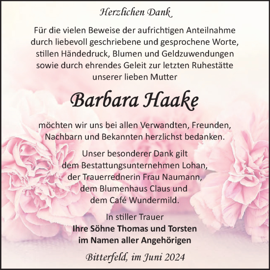 Traueranzeige von Barbara Haake von Trauerkombi Bitterfeld