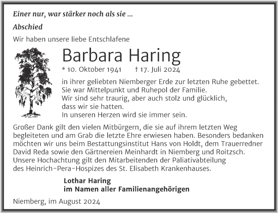Traueranzeige von Barbara Haring von Mitteldeutsche Zeitung Halle/Saalkreis