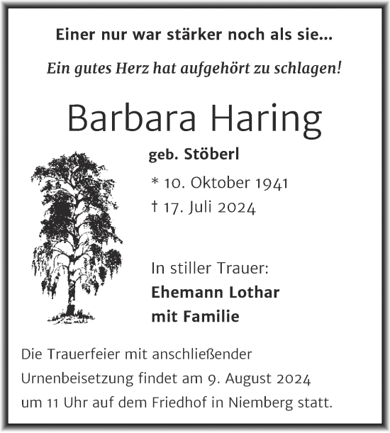 Traueranzeige von Barbara Haring von Mitteldeutsche Zeitung Halle/Saalkreis