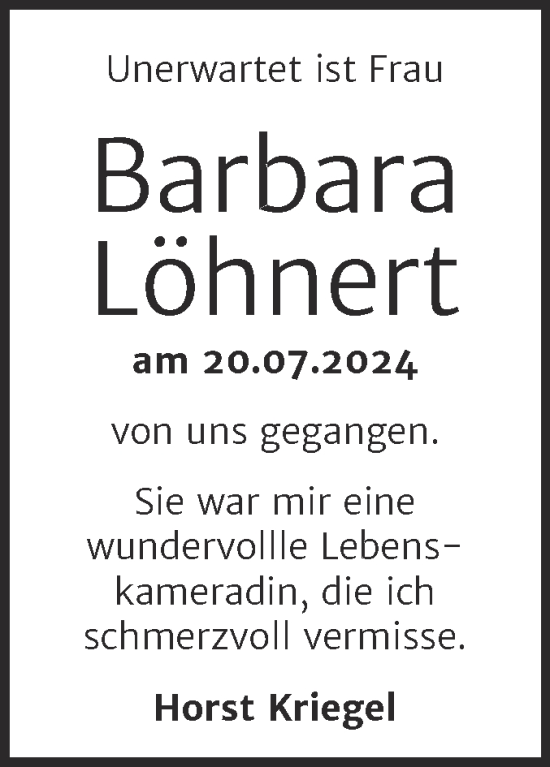 Traueranzeige von Barbara Löhnert von Mitteldeutsche Zeitung Halle/Saalkreis