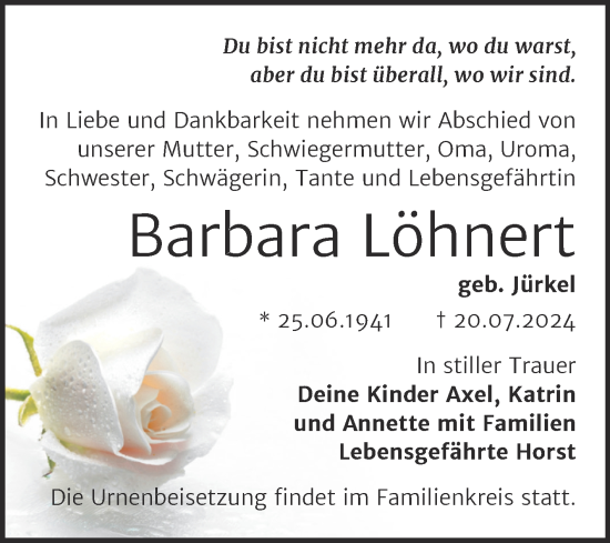 Traueranzeige von Barbara Löhnert von Mitteldeutsche Zeitung Halle/Saalkreis