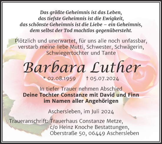 Traueranzeige von Barbara Luther von Trauerkombi Aschersleben