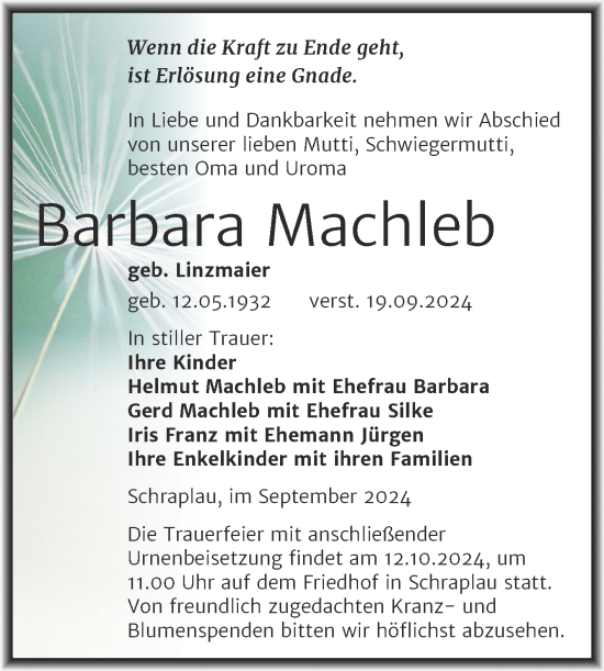 Traueranzeige von Barbara Machleb von Trauerkombi Merseburg