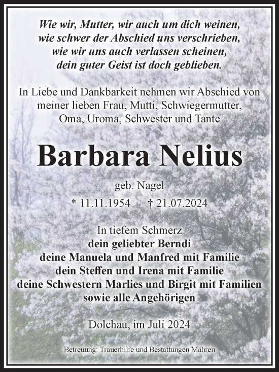 Traueranzeige von Barbara Nelius von Volksstimme Altmark West