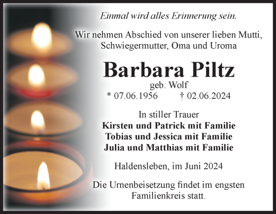 Traueranzeige von Barbara Piltz von Volksstimme Haldensleben/Wolmirstedt