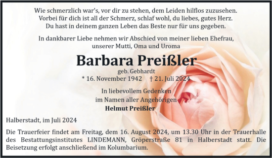 Traueranzeige von Barbara Preißler von Volksstimme Halberstadt