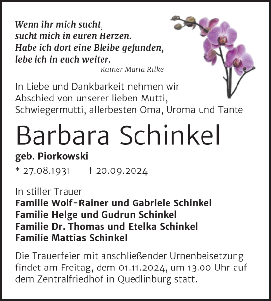Traueranzeige von Barbara Schinkel von Trauerkombi Quedlinburg