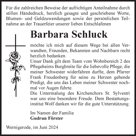 Traueranzeige von Barbara Schluck von Volksstimme Wernigerode