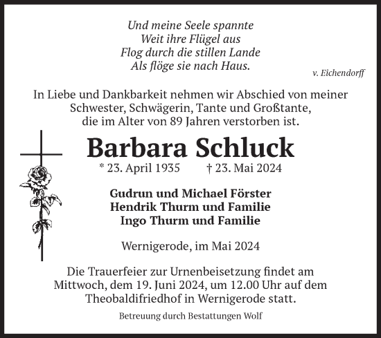 Traueranzeige von Barbara Schluck von Volksstimme Wernigerode