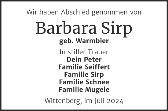 Traueranzeige von Barbara Sirp von Trauerkombi Wittenberg