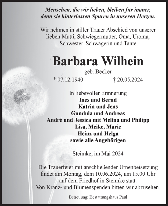 Traueranzeige von Barbara Wilhein von Volksstimme Altmark West