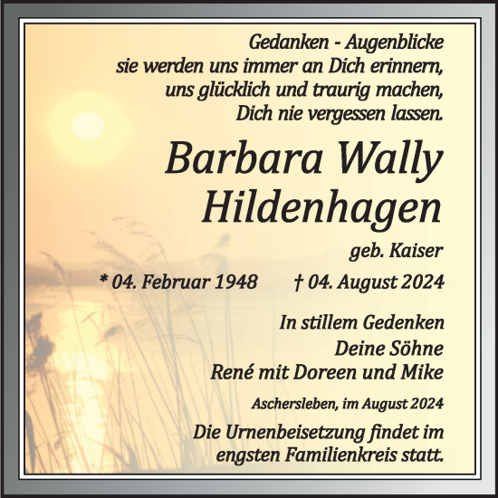 Traueranzeige von Barbara Wally Hildenhagen von Trauerkombi Aschersleben