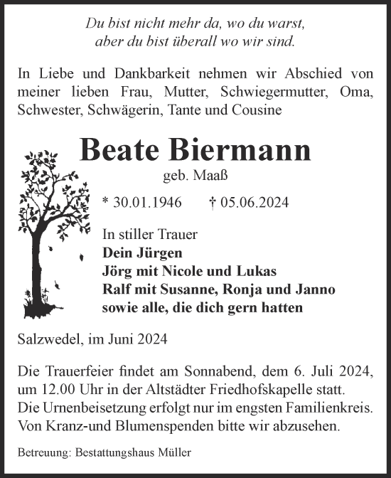 Traueranzeige von Beate Biermann von Volksstimme Altmark West