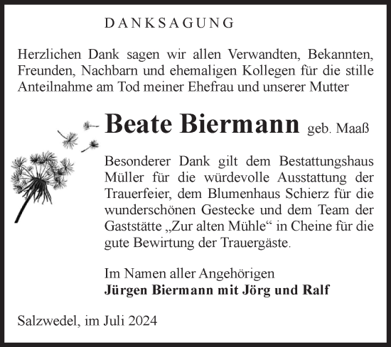 Traueranzeige von Beate Biermann von Volksstimme Altmark West