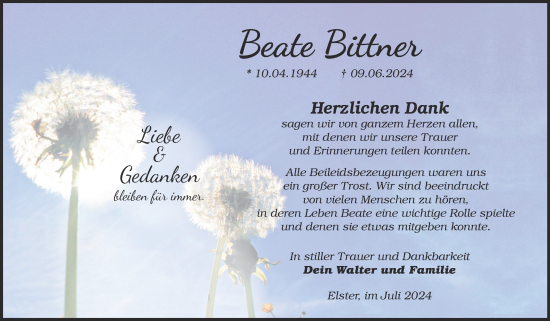 Traueranzeige von Beate Bittner von Trauerkombi Wittenberg