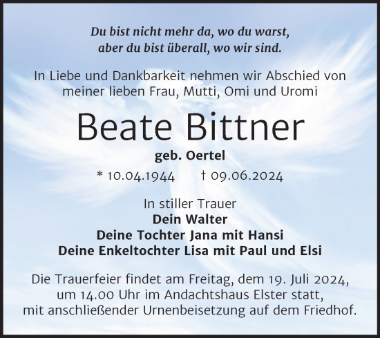 Traueranzeige von Beate Bittner von Trauerkombi Wittenberg