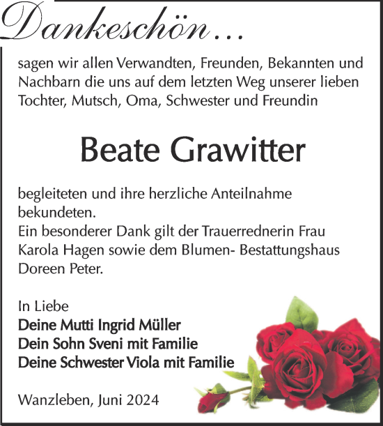 Traueranzeige von Beate Grawitter von Volksstimme Oschersleben/Wanzleben