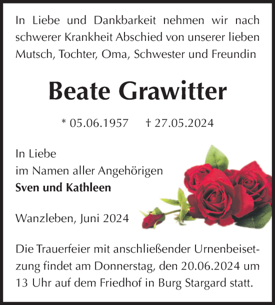 Traueranzeige von Beate Grawitter von Volksstimme Oschersleben/Wanzleben
