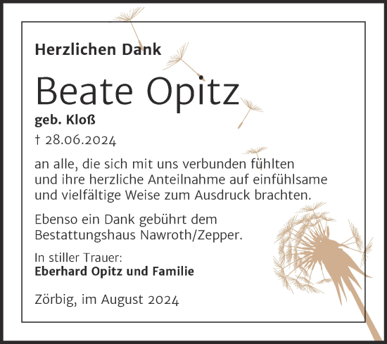 Traueranzeige von Beate Opitz von Trauerkombi Bitterfeld