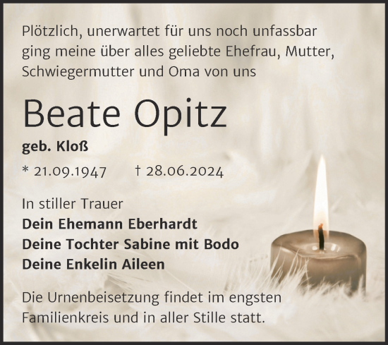 Traueranzeige von Beate Opitz von Trauerkombi Bitterfeld