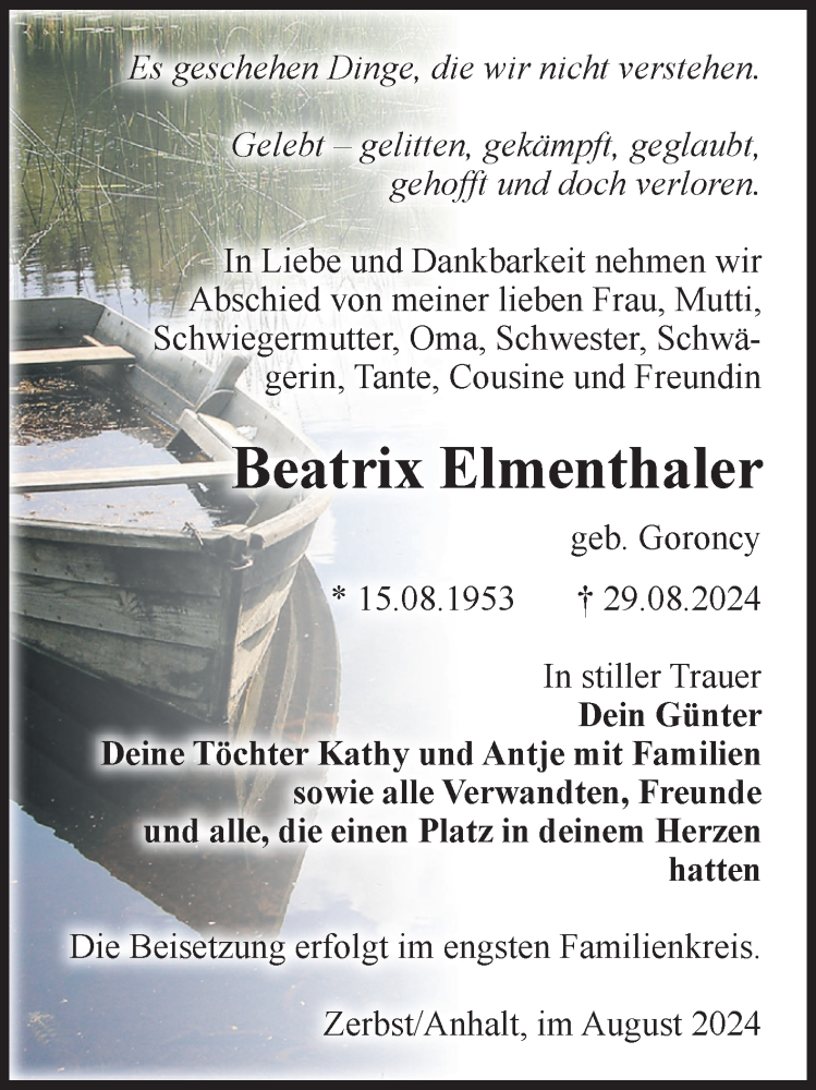  Traueranzeige für Beatrix Elmenthaler vom 07.09.2024 aus Volksstimme Zerbst