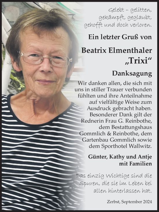 Traueranzeige von Beatrix Elmenthaler von Volksstimme Zerbst