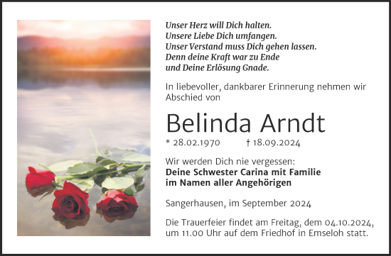 Traueranzeige von Belinda Arndt von Trauerkombi Mansfelder Land