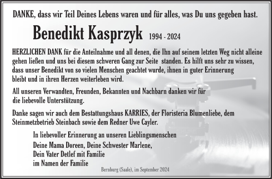 Traueranzeige von Benedikt Kasprzyk von Trauerkombi Bernburg