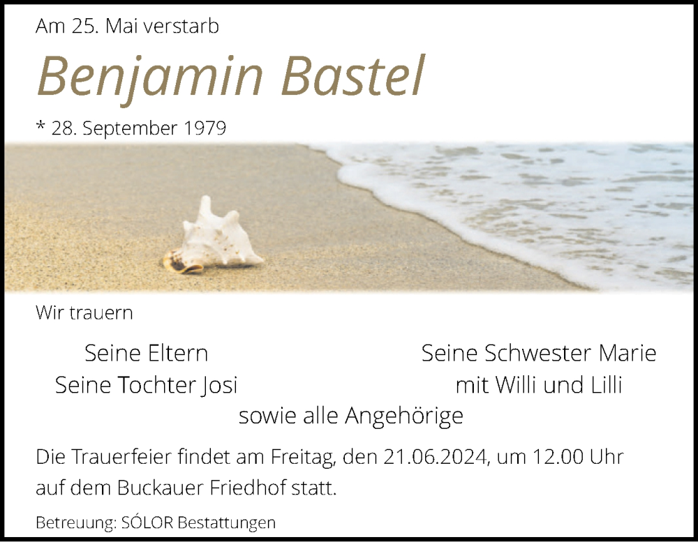  Traueranzeige für Benjamin Bastel vom 08.06.2024 aus Volksstimme Magdeburg