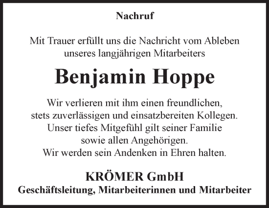 Traueranzeige von Benjamin Hoppe von Volksstimme Burg/Genthin